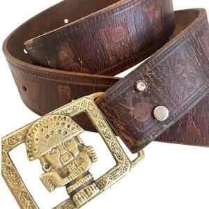 Vintage Brass Buckle Belt Tooled Leather Peruvian Inca Tumi God Native Symbols